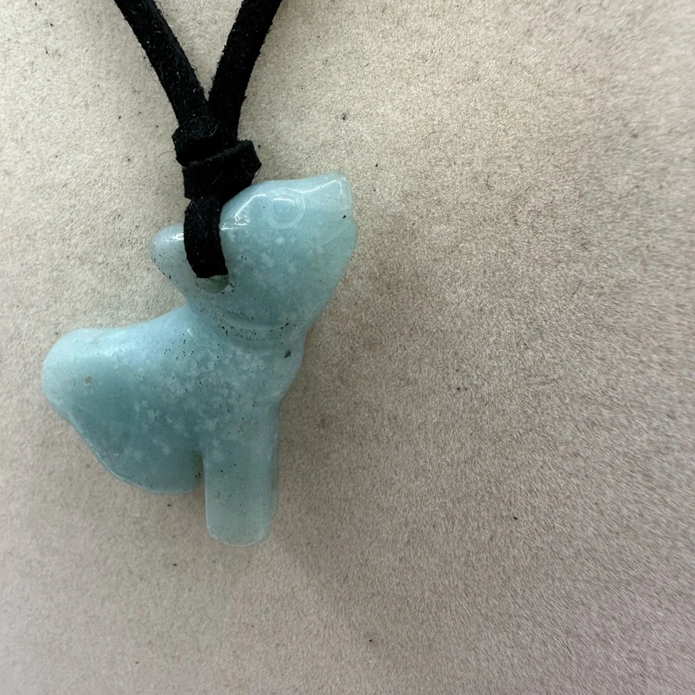 Unique Wolf Shaped Caribbean Calcite Pendant Necklace in Black Faux Suede - Picture 5 of 9